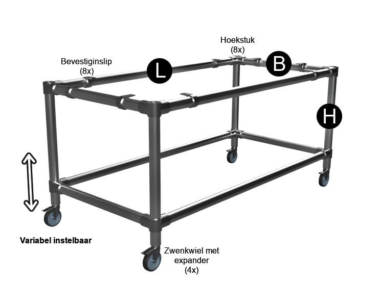 Zwarte steigerbuis onderstel tafel met onder-etage uit buis Ø 42,4 mm zwenkwielen